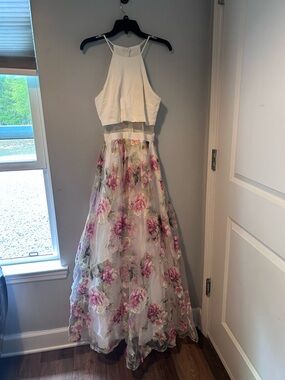 B Darlin White Crop Top with Pink Floral Maxi Skirt